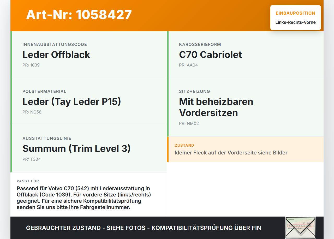 Volvo C70 542 06-09 Kopfstütze für Fahrer Sitz Rechts oder Links Vorne Volvo C70 542 06-09 01.06.2007 gebraucht Vorschau 3