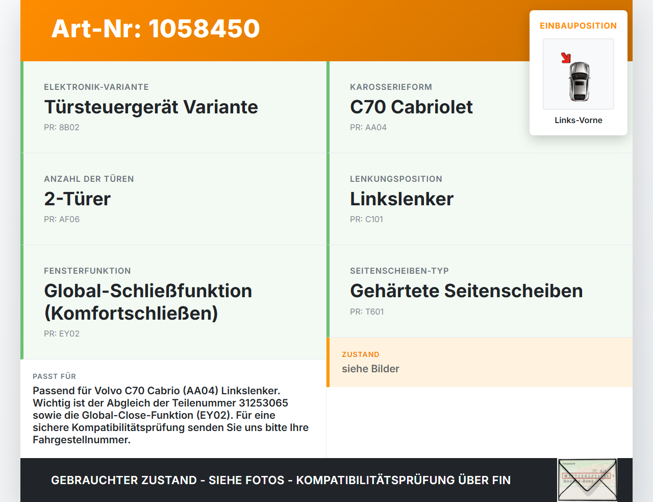 Volvo C70 542 06-09 Cabrio Fensterhebermotor Links Vorne Volvo C70 542 06-09 01.06.2007 31253065 982291-106 gebraucht Vorschau 3