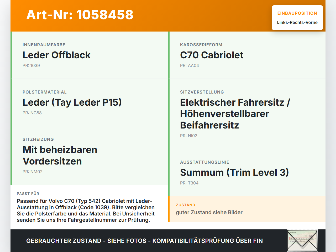 Volvo C70 542 06-09 Cabrio Kopfstütze für Beifahrer Sitz Rechts oder Links Vorne Volvo C70 542 06-09 01.06.2007... Vorschau 3