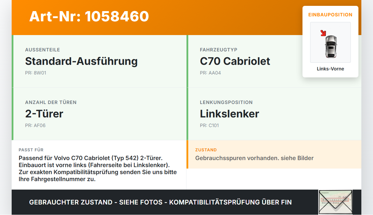 Volvo C70 542 06-09 Cabrio Türfangband Türbremse Türanschlag Links Vorne Volvo C70 542 06-09 01.06.2007 gebraucht Vorschau 3