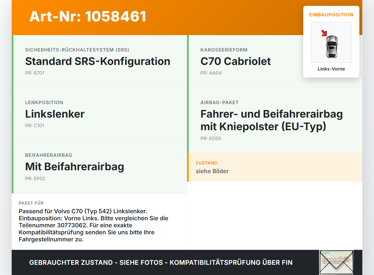 Volvo C70 542 06-09 Airbagsensor Crashsensor Sensor Links Vorne Volvo C70 542 06-09 01.06.2007 30773062 5WK43799... Vorschau 3