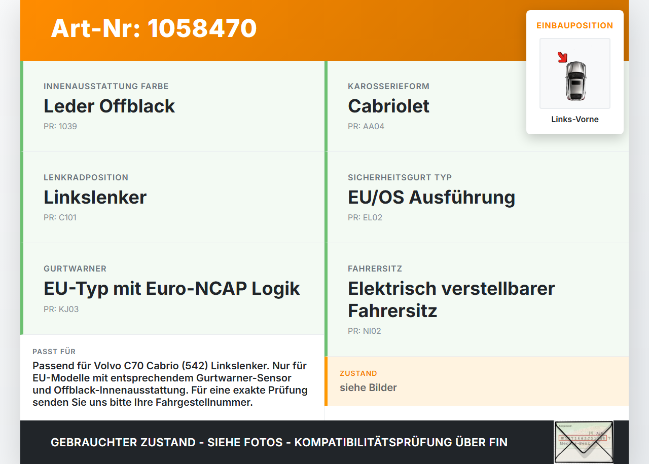 Volvo C70 542 06-09 Cabrio Gurtschloss Links Vorne Volvo C70 542 06-09 01.06.2007 gebraucht Vorschau 3
