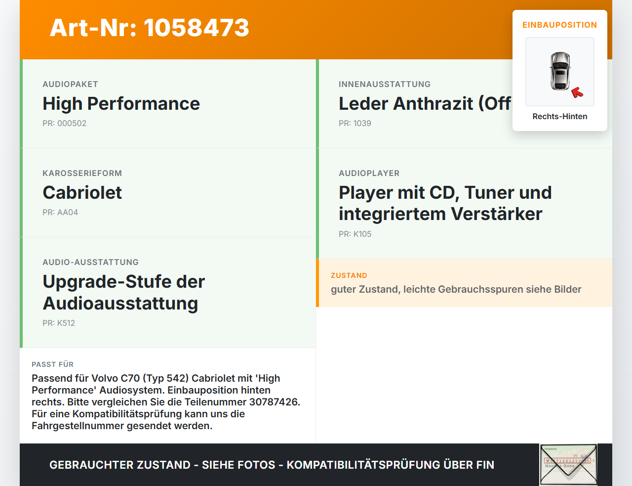 Volvo C70 542 06-09 Cabrio Lautsprecher Rechts Hinten Volvo C70 542 06-09 01.06.2007 30787426 gebraucht Vorschau 3