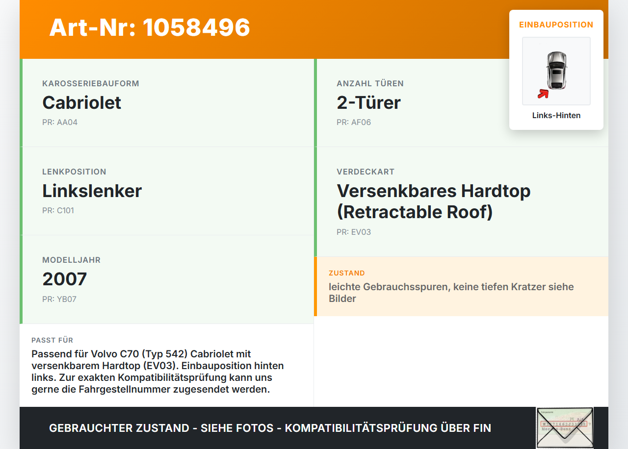 Volvo C70 542 06-09 Cabrio Zylinder Hydraulikzylinder Links Hinten für Verdeck Volvo C70 542 06-09 01.06.2007... Vorschau 3