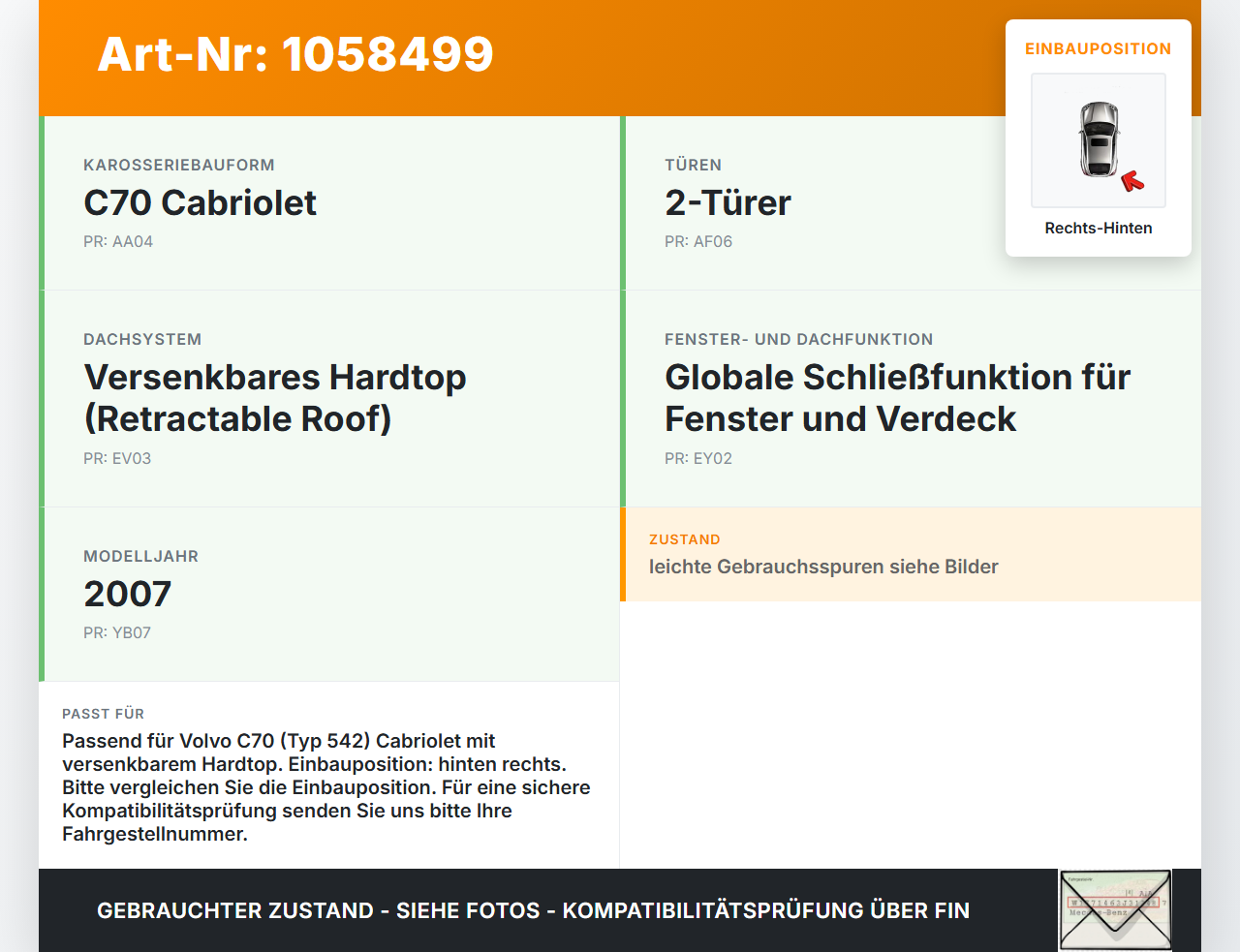 Volvo C70 542 06-09 Cabrio Zylinder Hydraulikzylinder Rechts Hinten für Verdeck Volvo C70 542 06-09 01.06.2007... Vorschau 3
