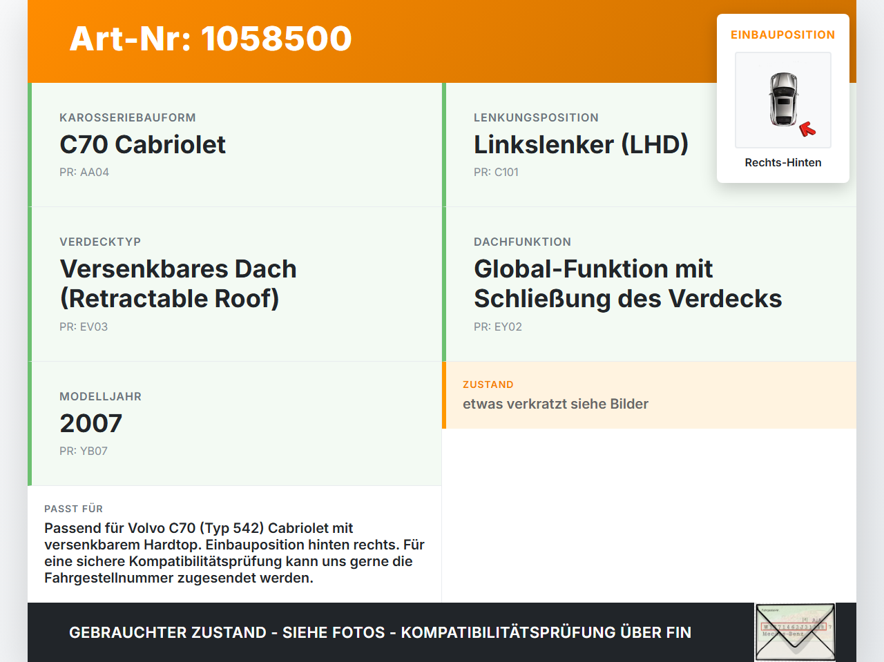 Volvo C70 542 06-09 Cabrio Zylinder Hydraulikzylinder Rechts Hinten für Verdeck Volvo C70 542 06-09 01.06.2007... Vorschau 3