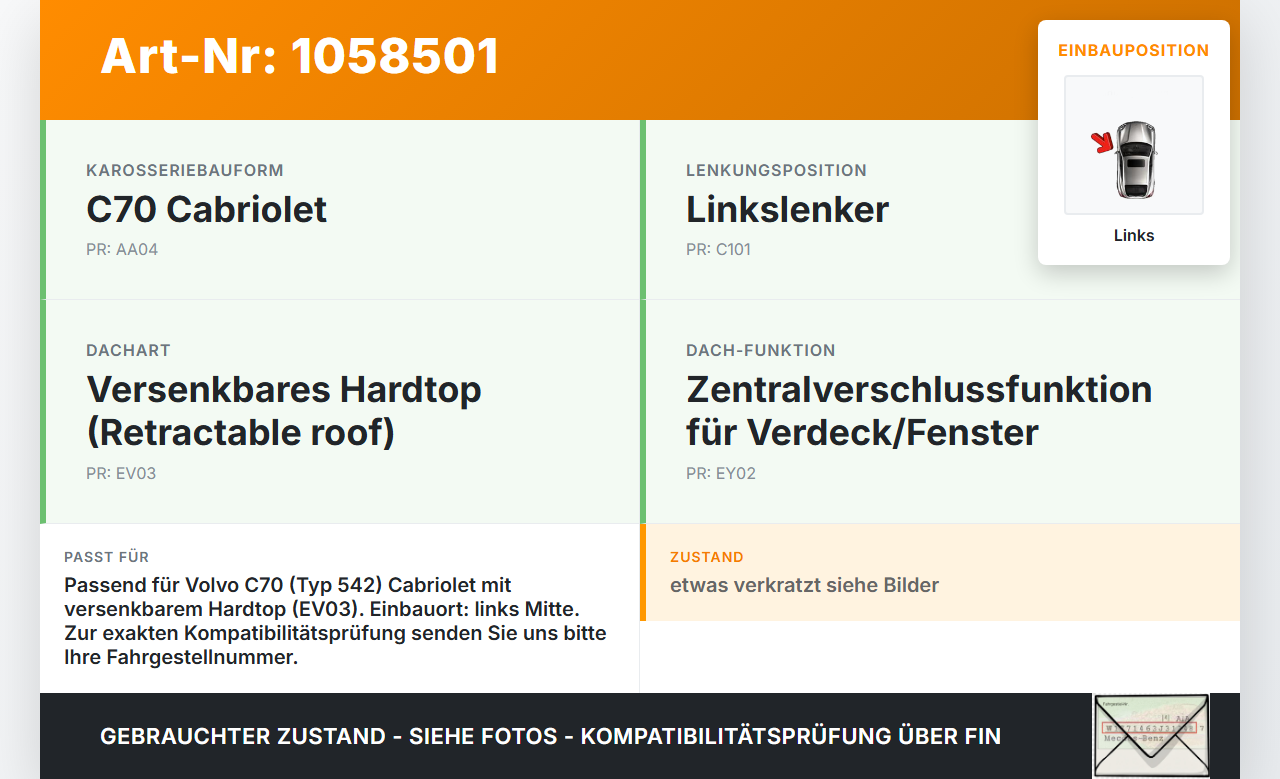 Volvo C70 542 06-09 Cabrio Zylinder Hydraulikzylinder links Mitte für Verdeck Volvo C70 542 06-09 01.06.2007... Vorschau 3
