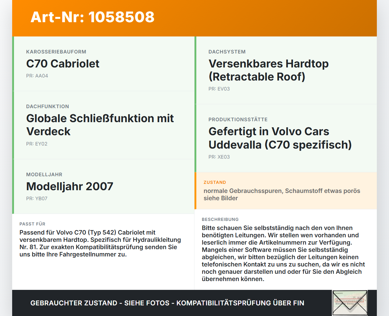 Volvo C70 542 06-09 Cabrio Hydraulik Schlauch Leitung 81 für Verdeck Volvo C70 542 06-09 01.06.2007 gebraucht Vorschau 3