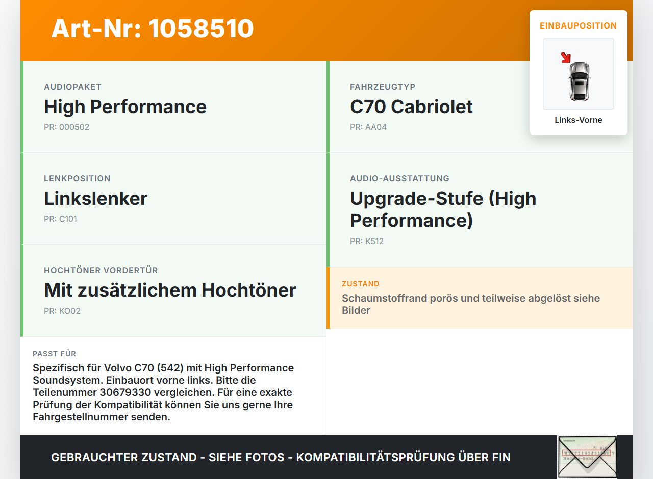 Volvo C70 542 06-09 Lautsprecher Links Vorne Volvo C70 542 06-09 01.06.2007 30679330 gebraucht Vorschau 3