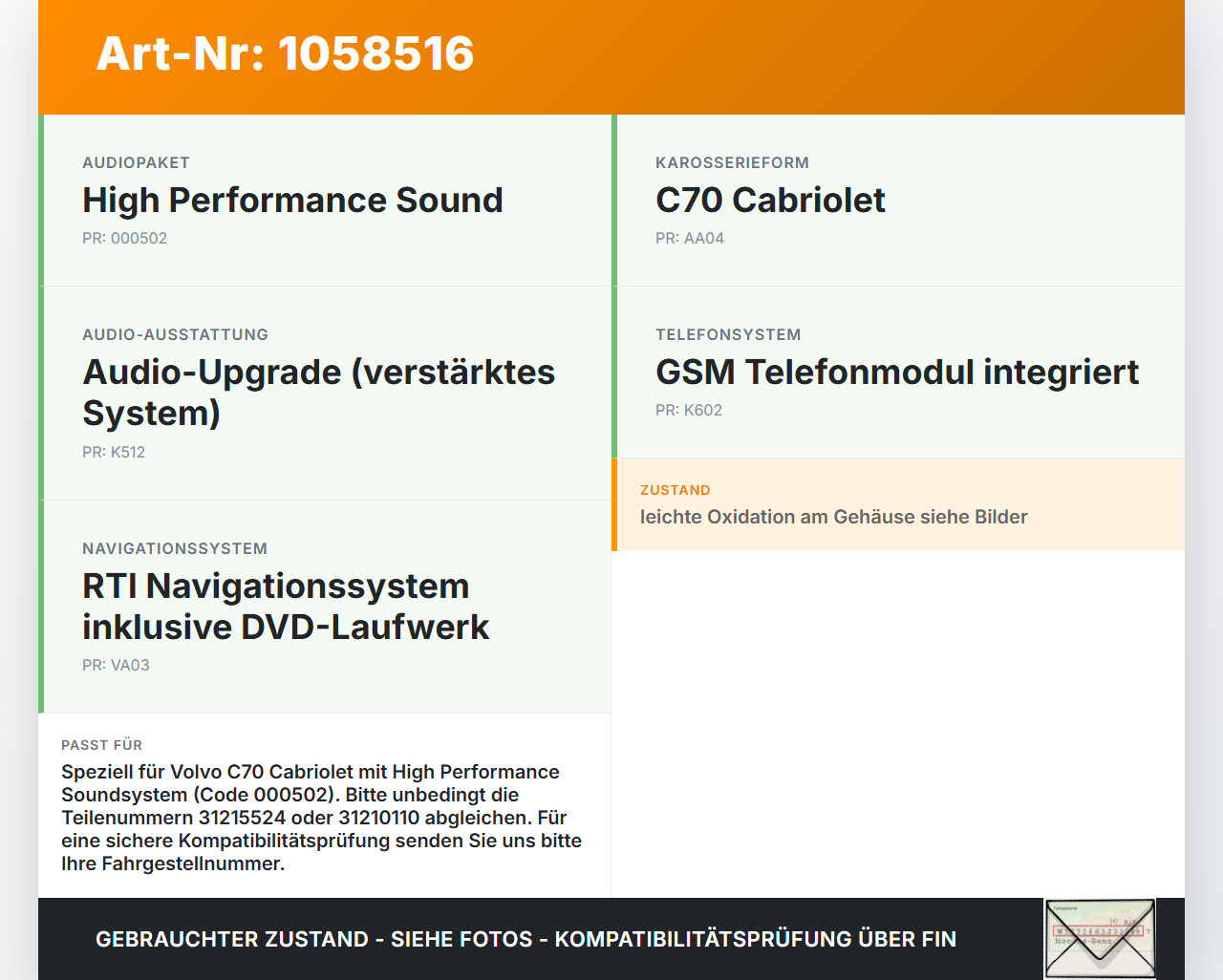 Volvo C70 542 06-09 Verstärker Endstufe Soundsystem AMP Volvo C70 542 06-09 01.06.2007 31215524 31210110 gebraucht Vorschau 3