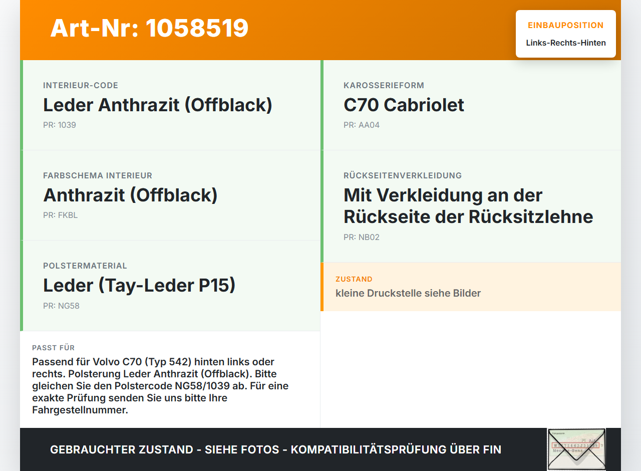 Volvo C70 542 06-09 Kopfstütze Rechts oder Links Hinten Volvo C70 542 06-09 01.06.2007 gebraucht Vorschau 3