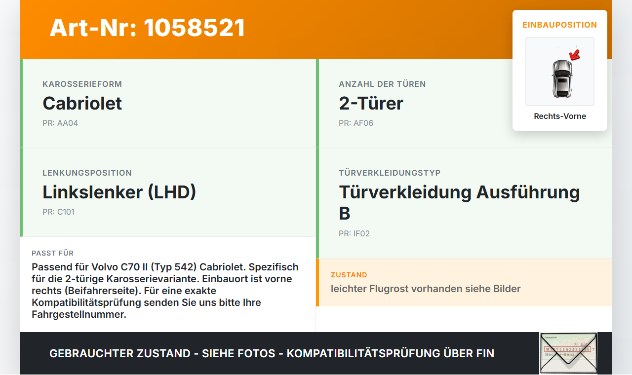 Volvo C70 542 06-09 Cabrio Türfangband Türbremse Türanschlag Rechts Vorne Volvo C70 542 06-09 01.06.2007 90772079FL... Vorschau 3