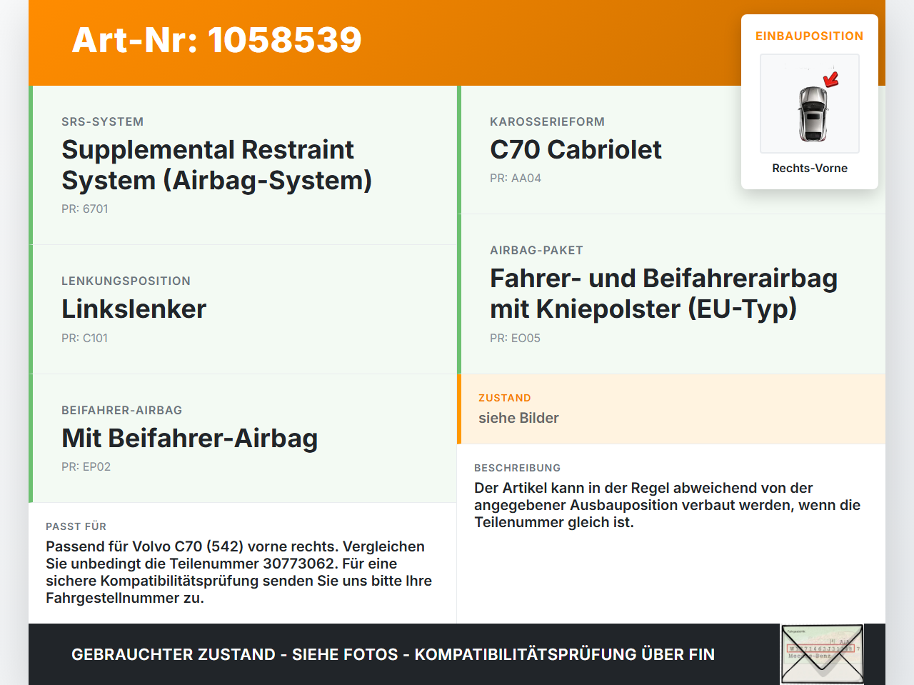 Volvo C70 542 06-09 Sensor Airbag Crashsensor Airbagsensor Rechts Vorne Volvo C70 542 06-09 01.06.2007 30773062... Vorschau 3