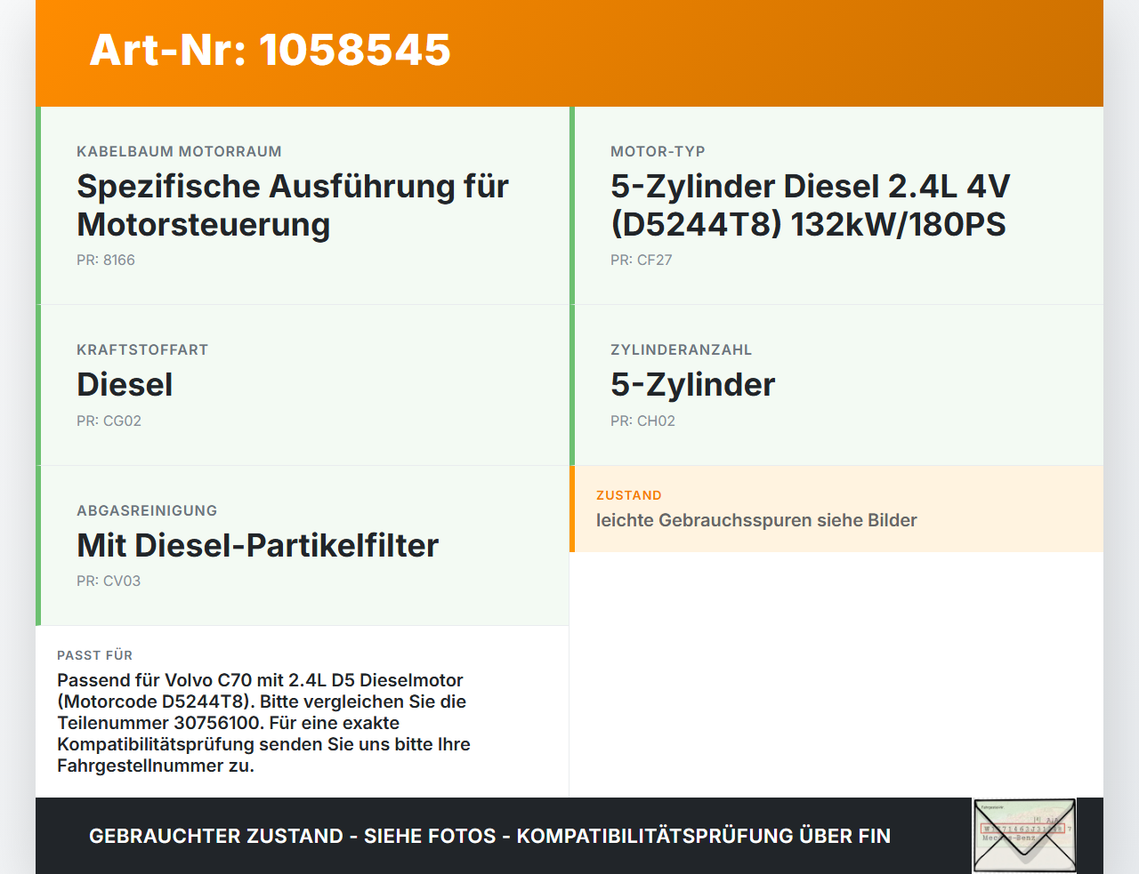 Volvo C70 542 06-09 2,4 132KW D5244T8 Drallklappen Stellmotor Volvo C70 542 06-09 01.06.2007 30756100 gebraucht Vorschau 3