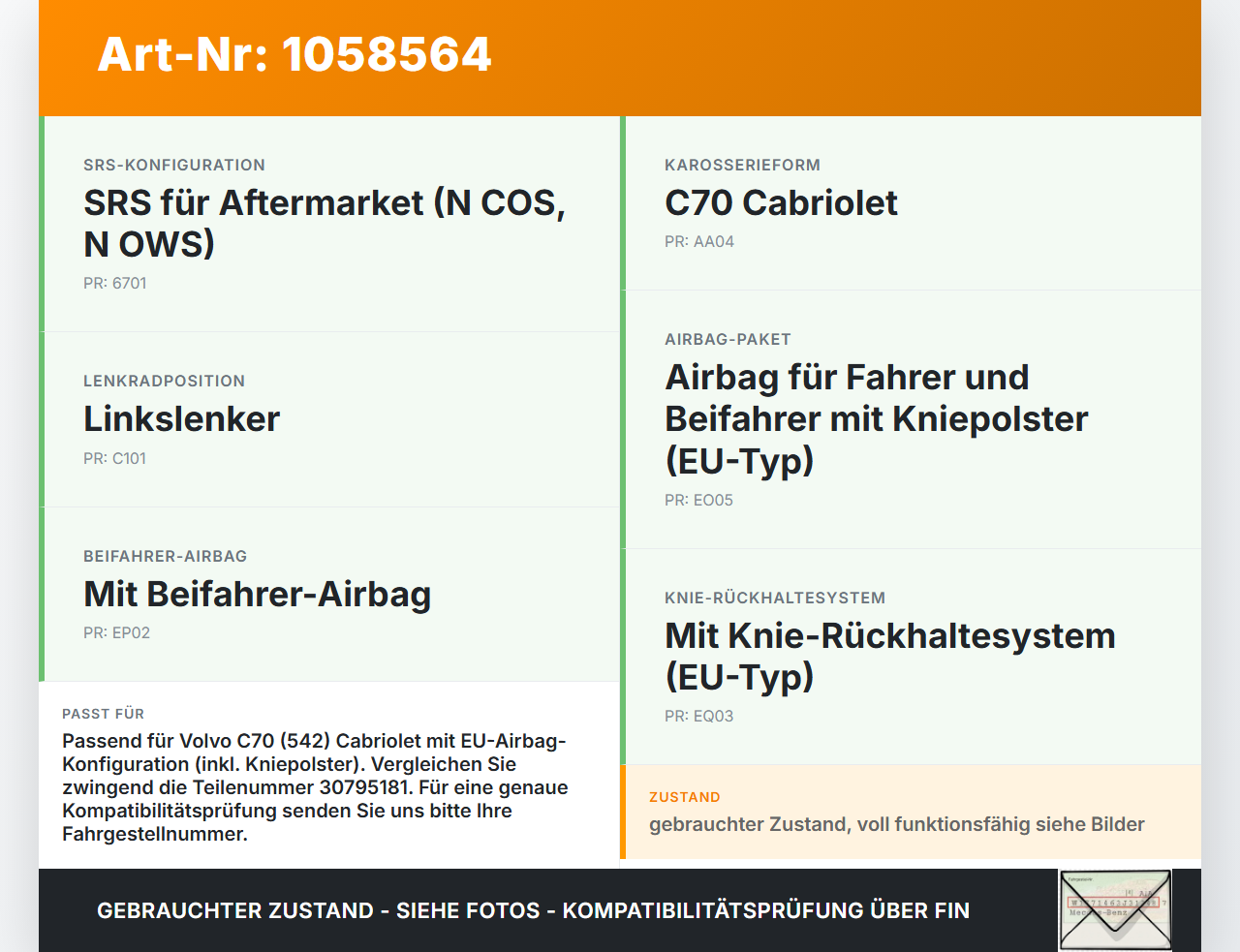 Volvo C70 542 06-09 Airbag Steuergerät Airbagsteuergerät Volvo C70 542 06-09 01.06.2007 30795181 00401233B2 gebraucht Vorschau 3