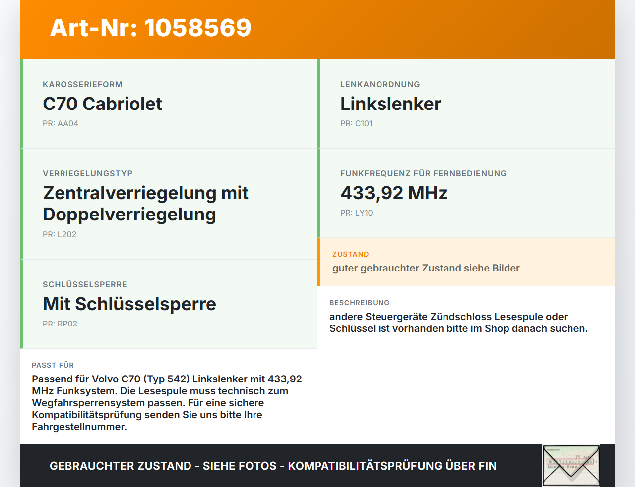 Volvo C70 542 06-09 Lesespule Volvo C70 542 06-09 01.06.2007 07APR11120122C0536 17D770 gebraucht Vorschau 3