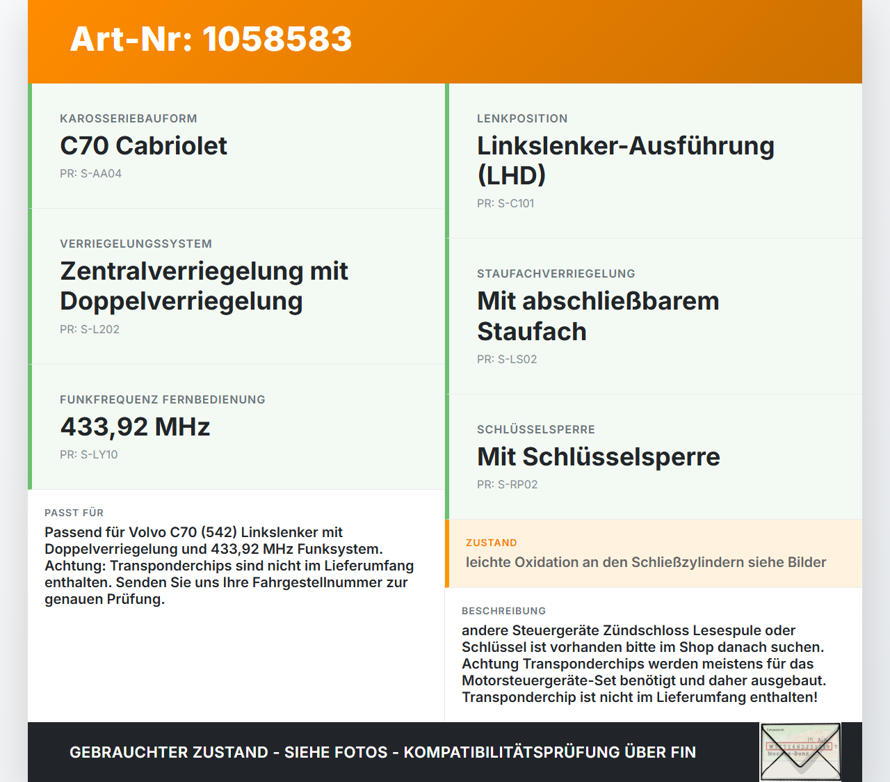 Volvo C70 542 06-09 Zündschloss 1x Schlüssel Türschliesszylinder Set Volvo C70 542 06-09 01.06.2007 30737158... Vorschau 3