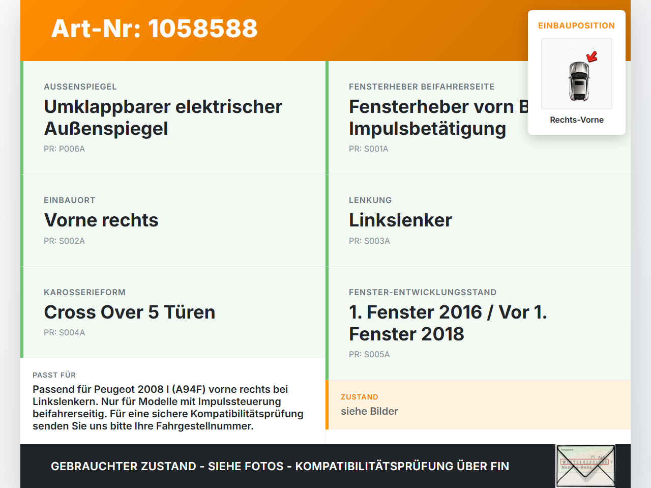 Peugeot 2008 I 13-19 Fensterhebermotor mit Fensterheber Rechts Vorne Peugeot 2008 I 13-19 01.12.2016 9816401680... Vorschau 3