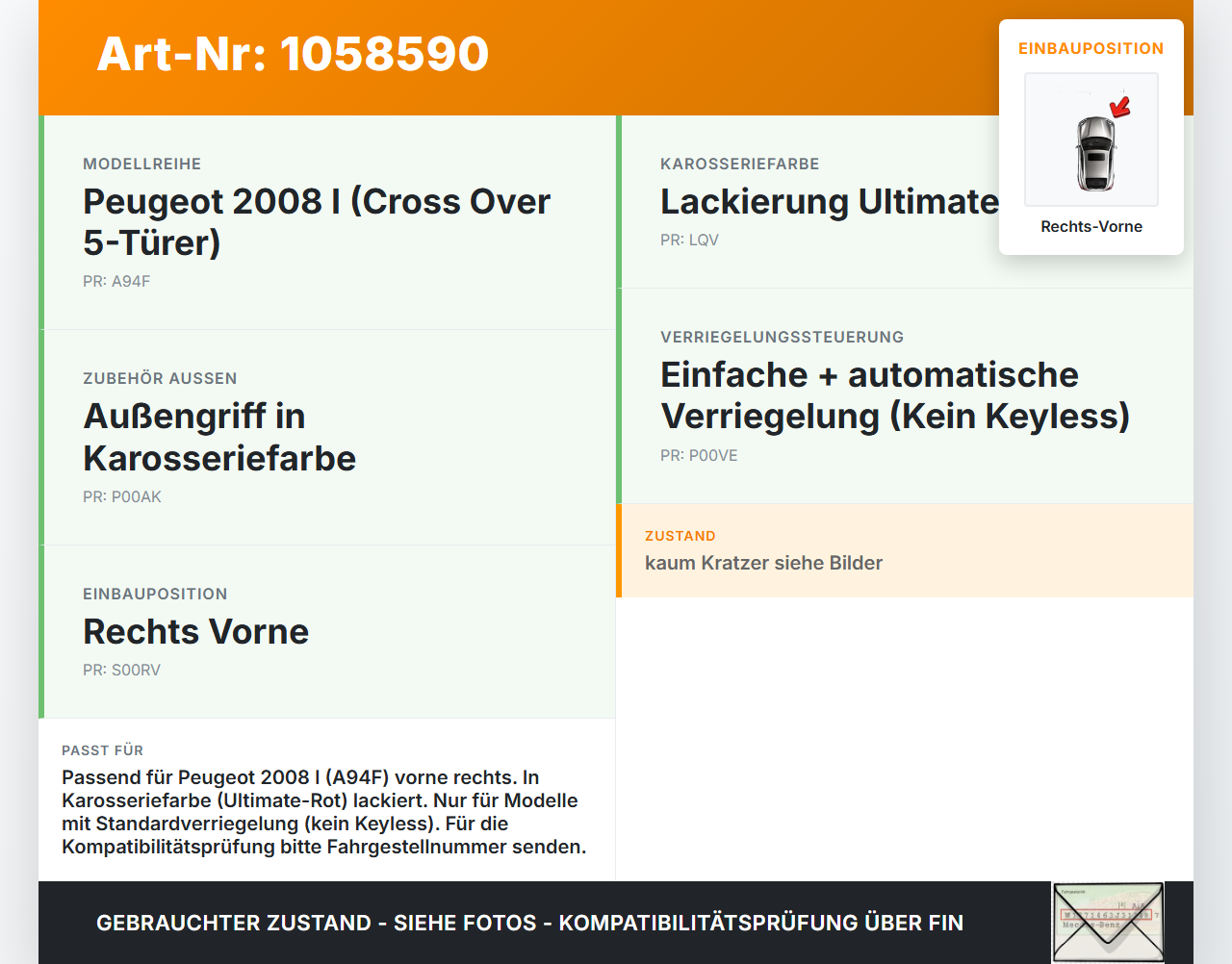 Peugeot 2008 I 13-19 Türgriff Griff aussen Rechts Vorne LQV Peugeot 2008 I 13-19 01.12.2016 gebraucht Vorschau 3
