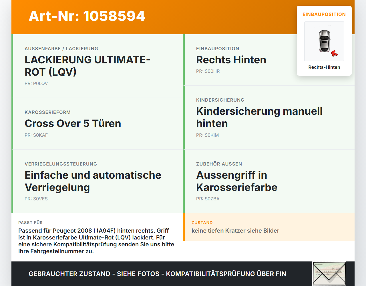 Peugeot 2008 I 13-19 Türgriff Griff aussen Rechts Hinten LQV Peugeot 2008 I 13-19 01.12.2016 gebraucht Vorschau 3