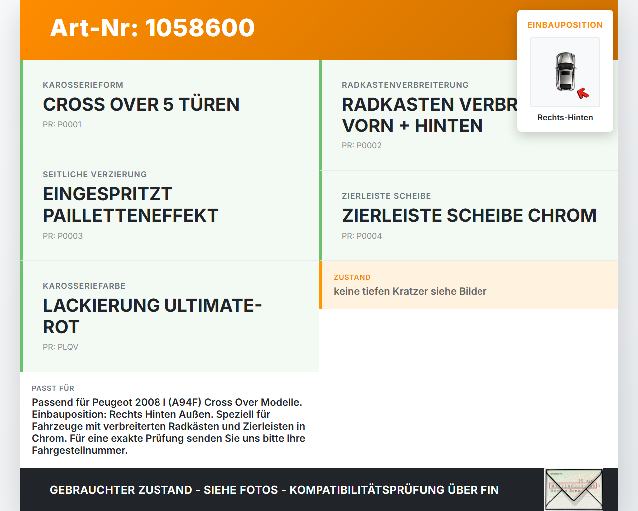Peugeot 2008 I 13-19 Türleiste Beplankung Rechts Hinten Aussen LQV Peugeot 2008 I 13-19 01.12.2016 gebraucht Vorschau 3