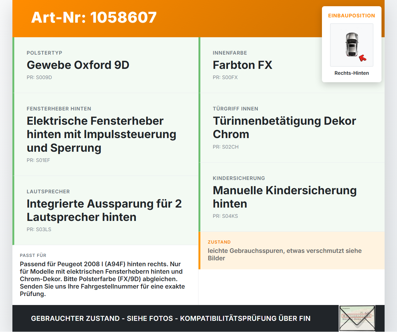 Peugeot 2008 I 13-19 Türverkleidung Türpappe Rechts Hinten Peugeot 2008 I 13-19 01.12.2016 4911-00112854 gebraucht Vorschau 3