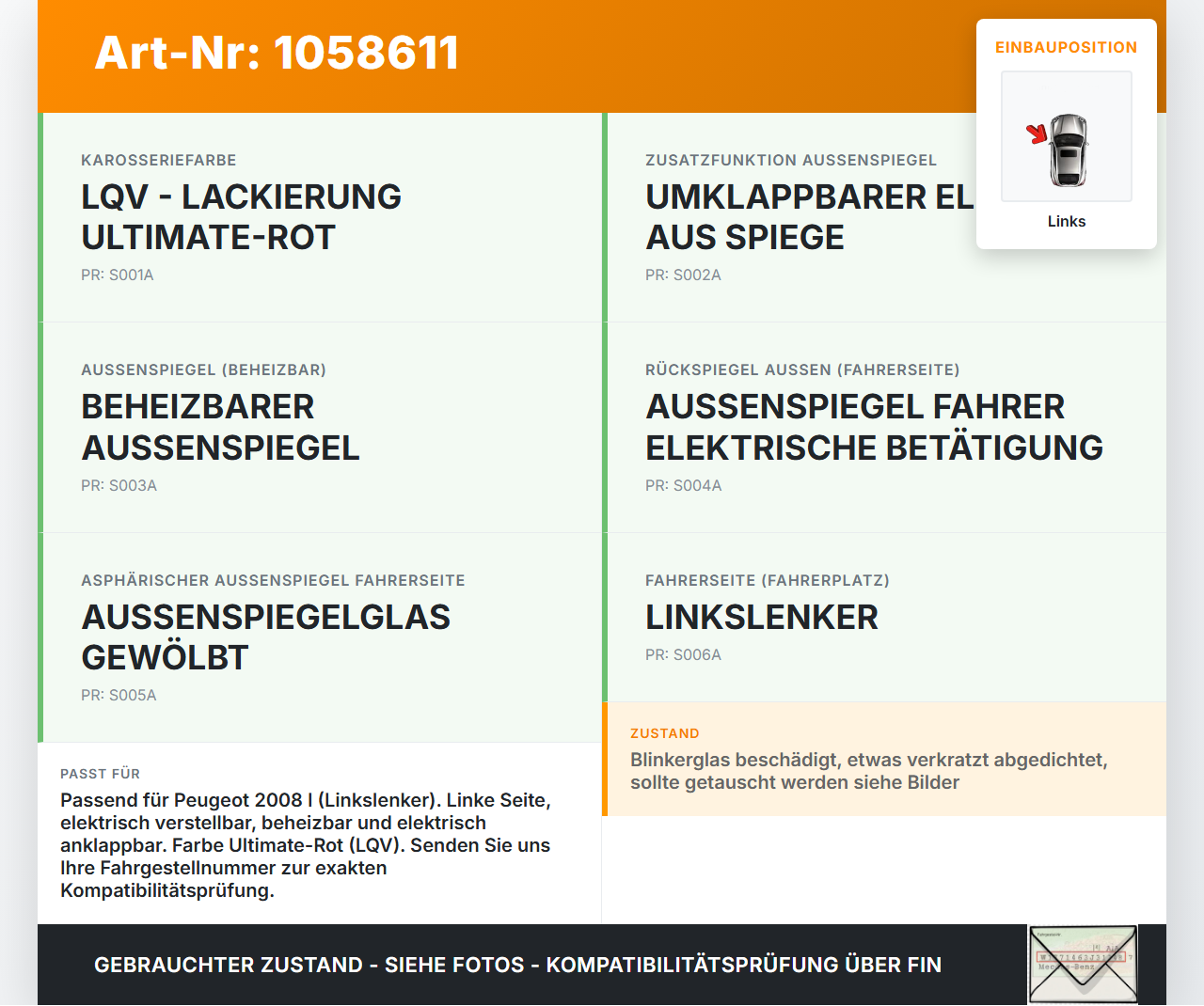 Peugeot 2008 I 13-19 Spiegel Aussenspiegel Links LQV Peugeot 2008 I 13-19 01.12.2016 2326.3011 gebraucht Vorschau 3
