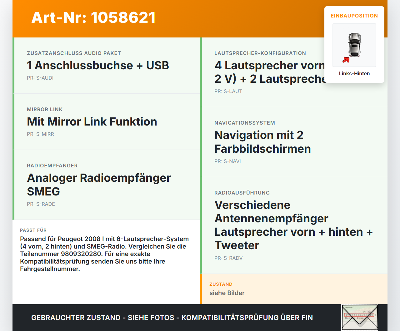 Peugeot 2008 I 13-19 Lautsprecher Links Hinten Peugeot 2008 I 13-19 01.12.2016 9809320280 9007433404 gebraucht Vorschau 3