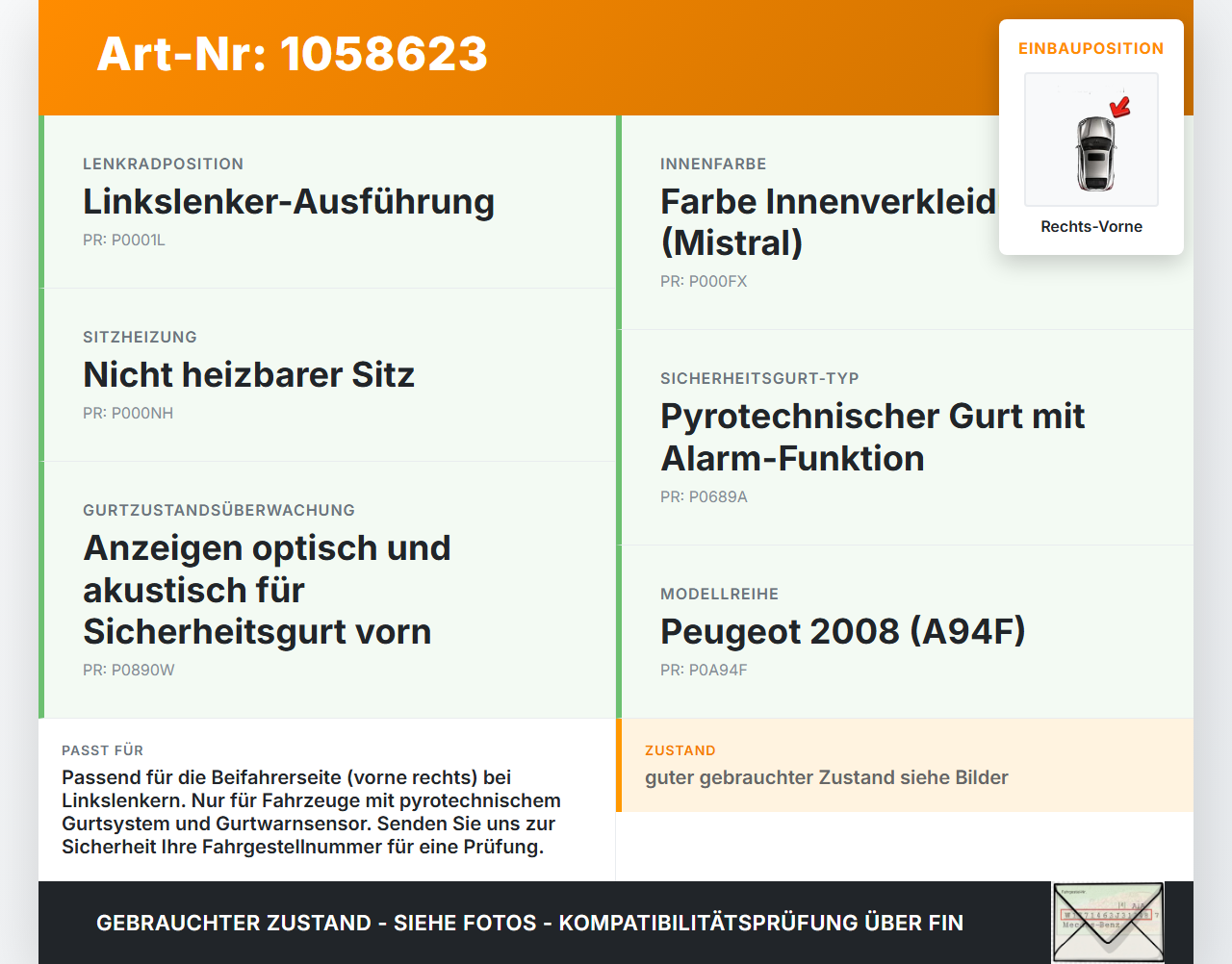 Peugeot 2008 I 13-19 Gurtschloss Sicherheitsgurt Gurtpeitsche Vorne Rechts Peugeot 2008 I 13-19 01.12.2016 gebraucht Vorschau 3
