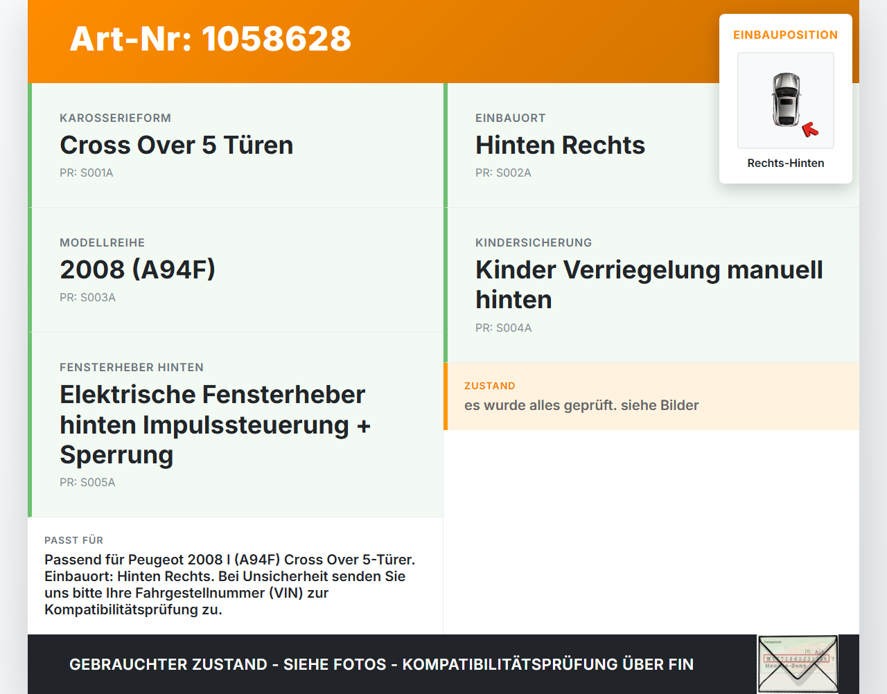 Peugeot 2008 I 13-19 Türfangband Türbremse Türanschlag Rechts Hinten Peugeot 2008 I 13-19 01.12.2016 gebraucht Vorschau 3