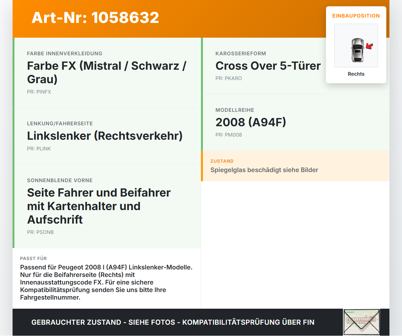 Peugeot 2008 I 13-19 Sonnenblende Rechts für Beifahrer Peugeot 2008 I 13-19 01.12.2016 gebraucht Vorschau 3