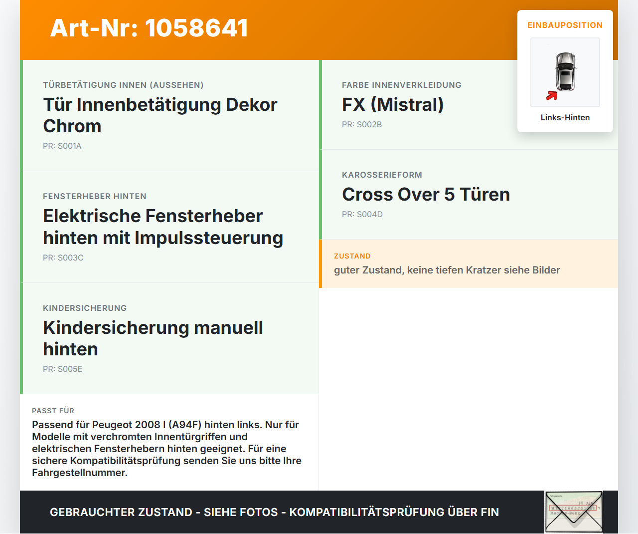 Peugeot 2008 I 13-19 Türgriff Griffmuschel Griff Innen Links Hinten Peugeot 2008 I 13-19 01.12.2016 96555518VV-20... Vorschau 3