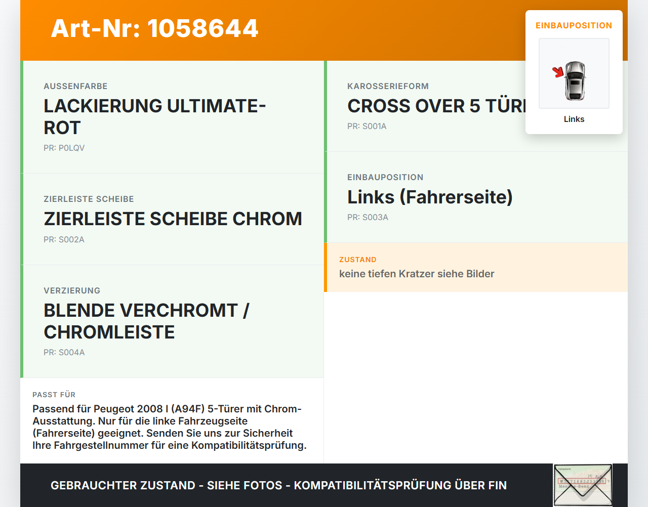 Peugeot 2008 I 13-19 Zierleiste Karosserie Aussen Links Chromleiste Peugeot 2008 I 13-19 01.12.2016 MOU20909... Vorschau 3