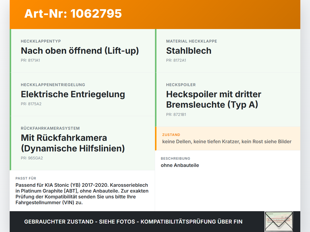 KIA Stonic YB 17-20 Heckklappe Kofferraumdeckel ABT KIA Stonic YB 17-20 09.12.2019 73700H-8000 gebraucht Vorschau 3
