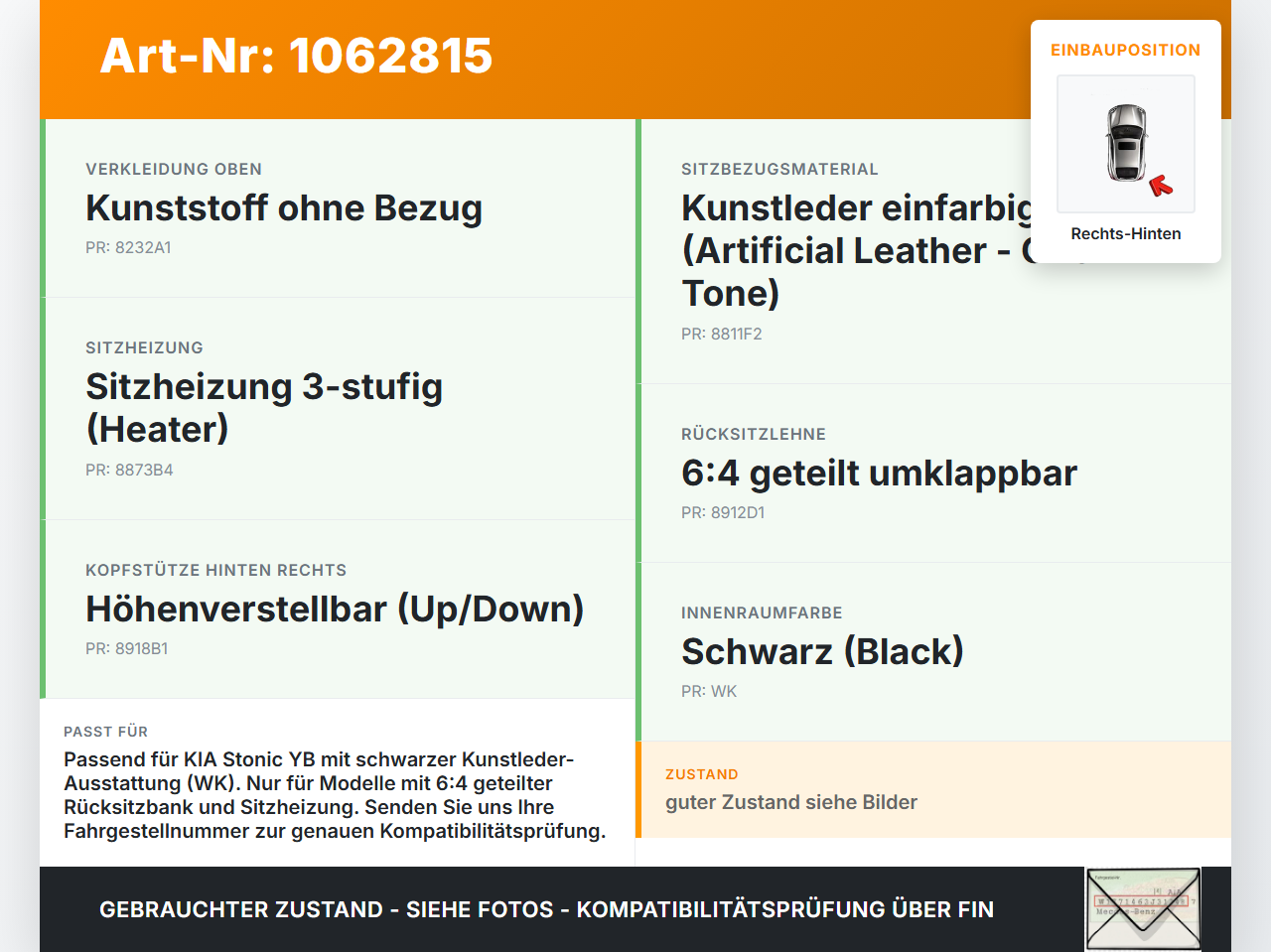 KIA Stonic YB 17-20 Sitzbezug Rücksitzlehne Rechts für Rücksitzbank Hinten KIA Stonic YB 17-20 09.12.2019... Vorschau 3