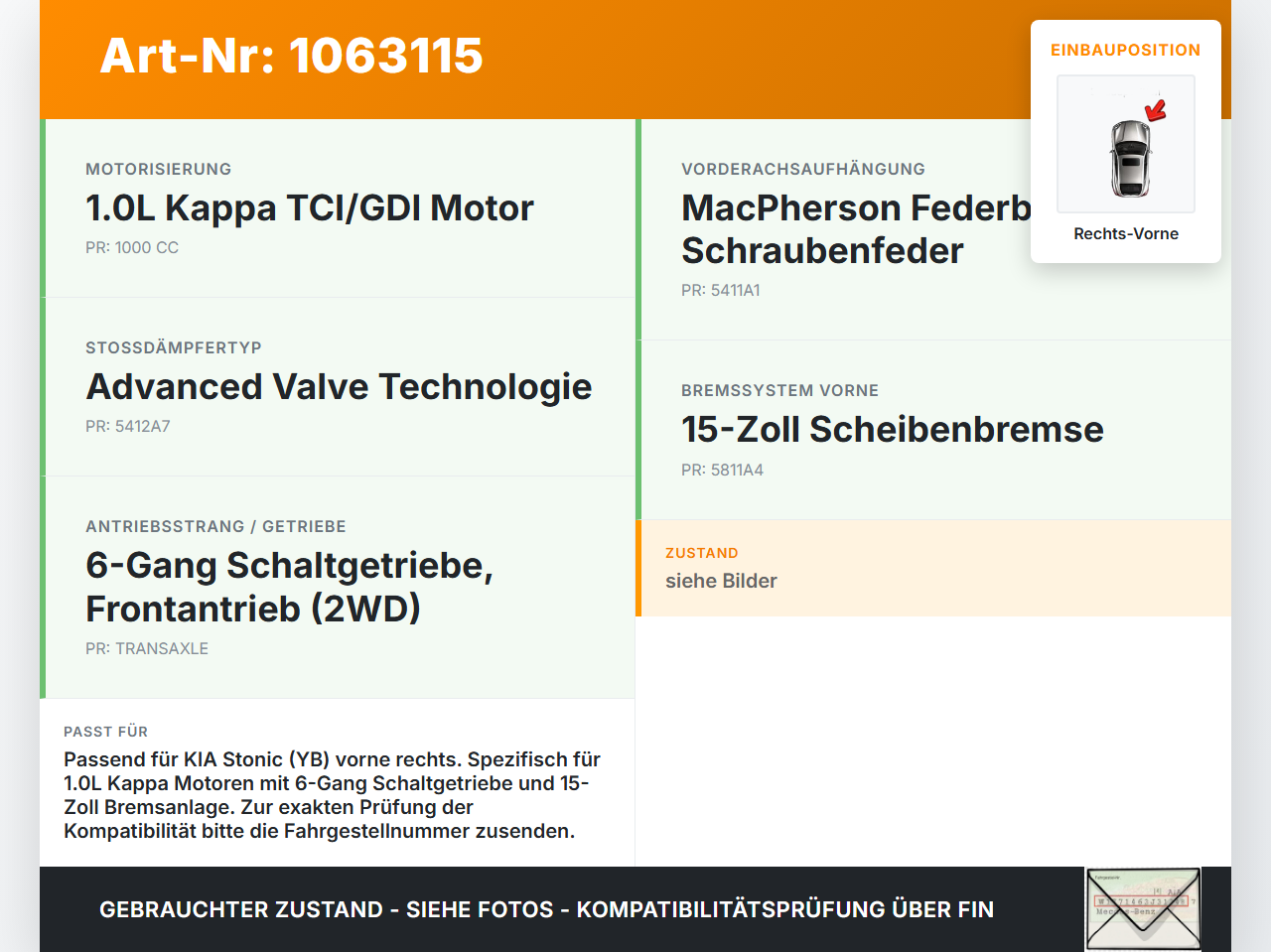 KIA Stonic YB 17-20 Federbein Stossdämpfer Vorne Rechts KIA Stonic YB 17-20 09.12.2019 54660H8200 54660H-8200 gebraucht Vorschau 3