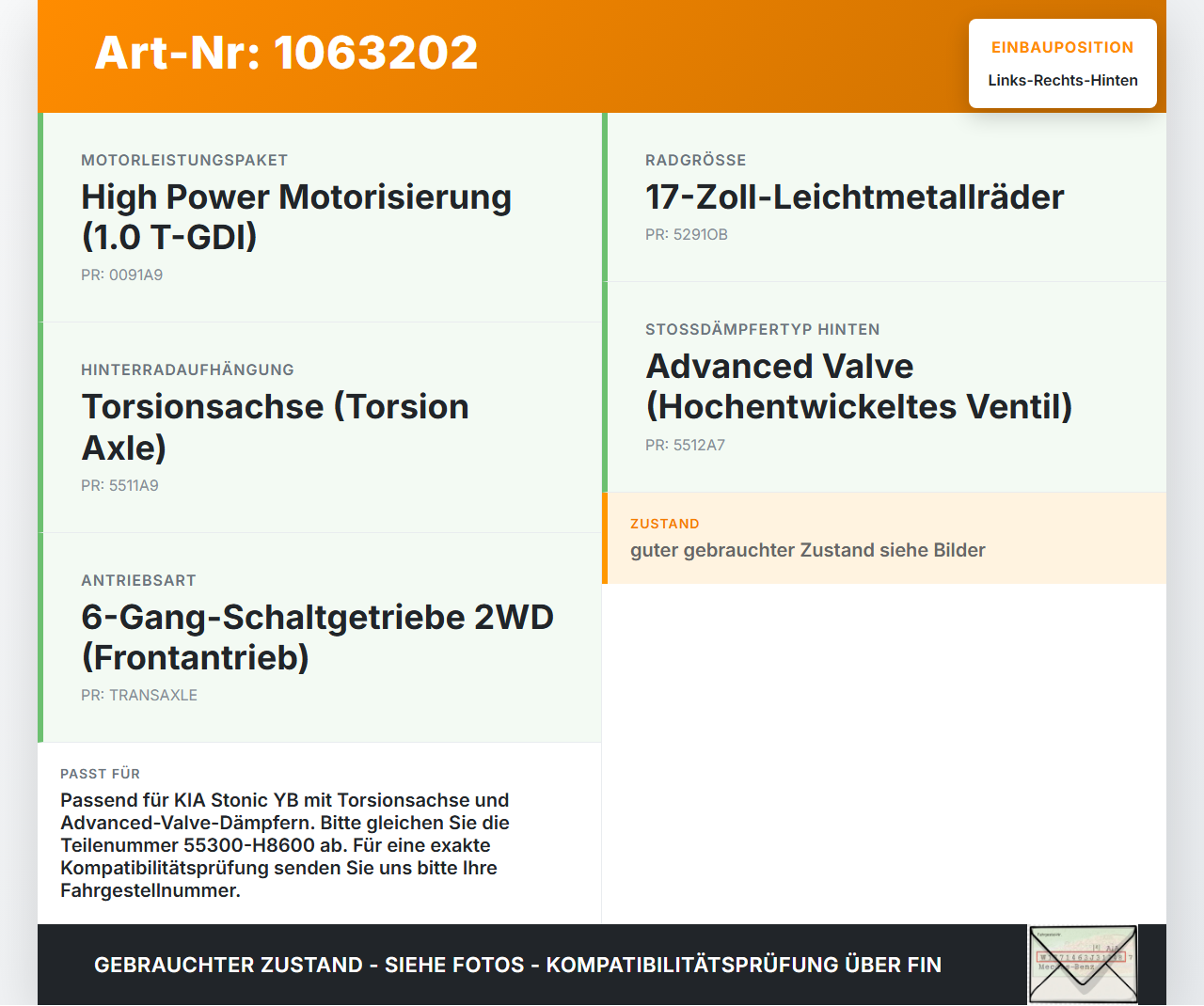 KIA Stonic YB 17-20 Stossdämpfer Rechts und Links Hinten KIA Stonic YB 17-20 09.12.2019 55310H8600 55300-H8600 gebraucht Vorschau 3