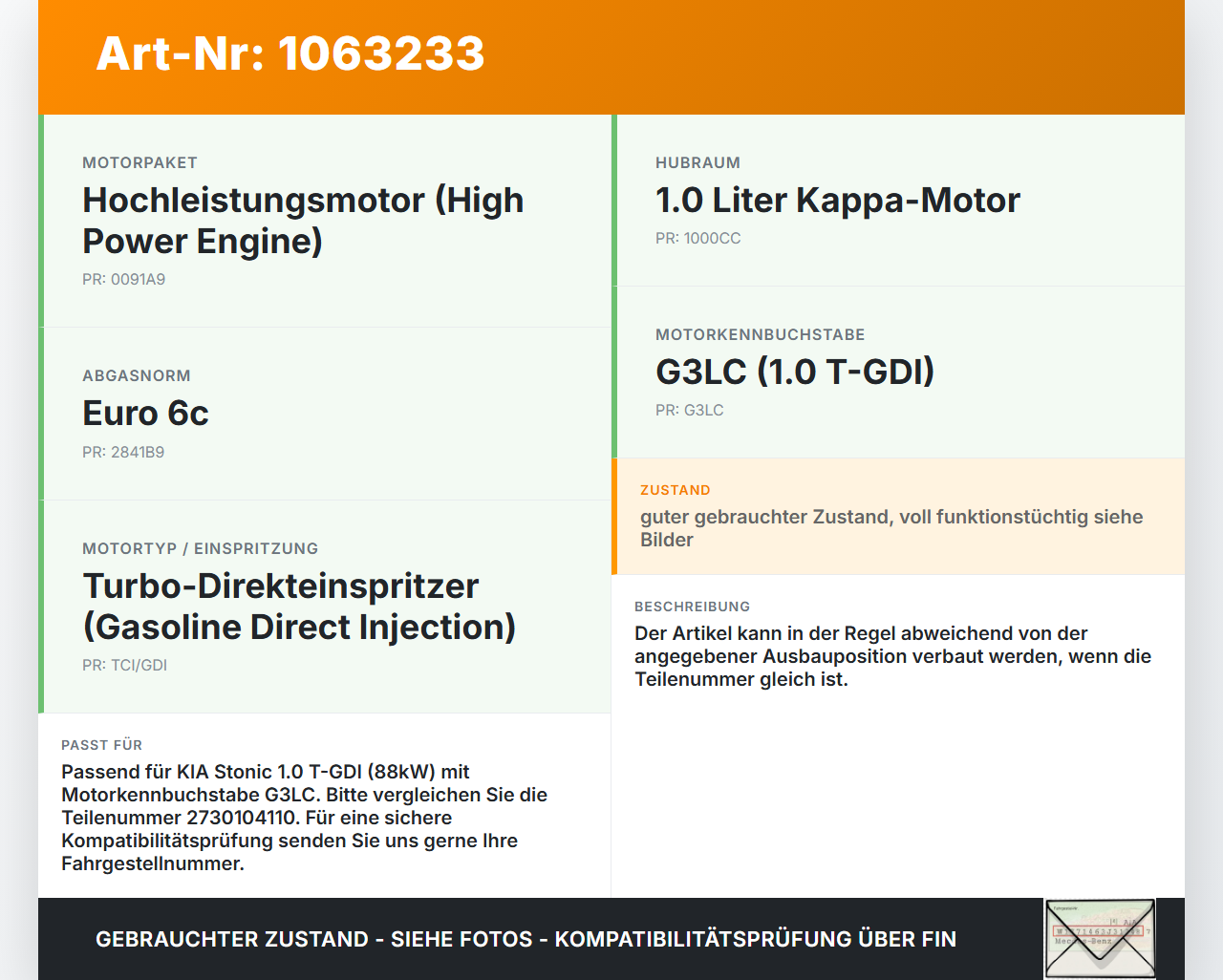 KIA Stonic YB 17-20 1,0 88KW Zündspule Zyl.3 KIA Stonic YB 17-20 09.12.2019 2730104110 27301-04110 gebraucht Vorschau 3
