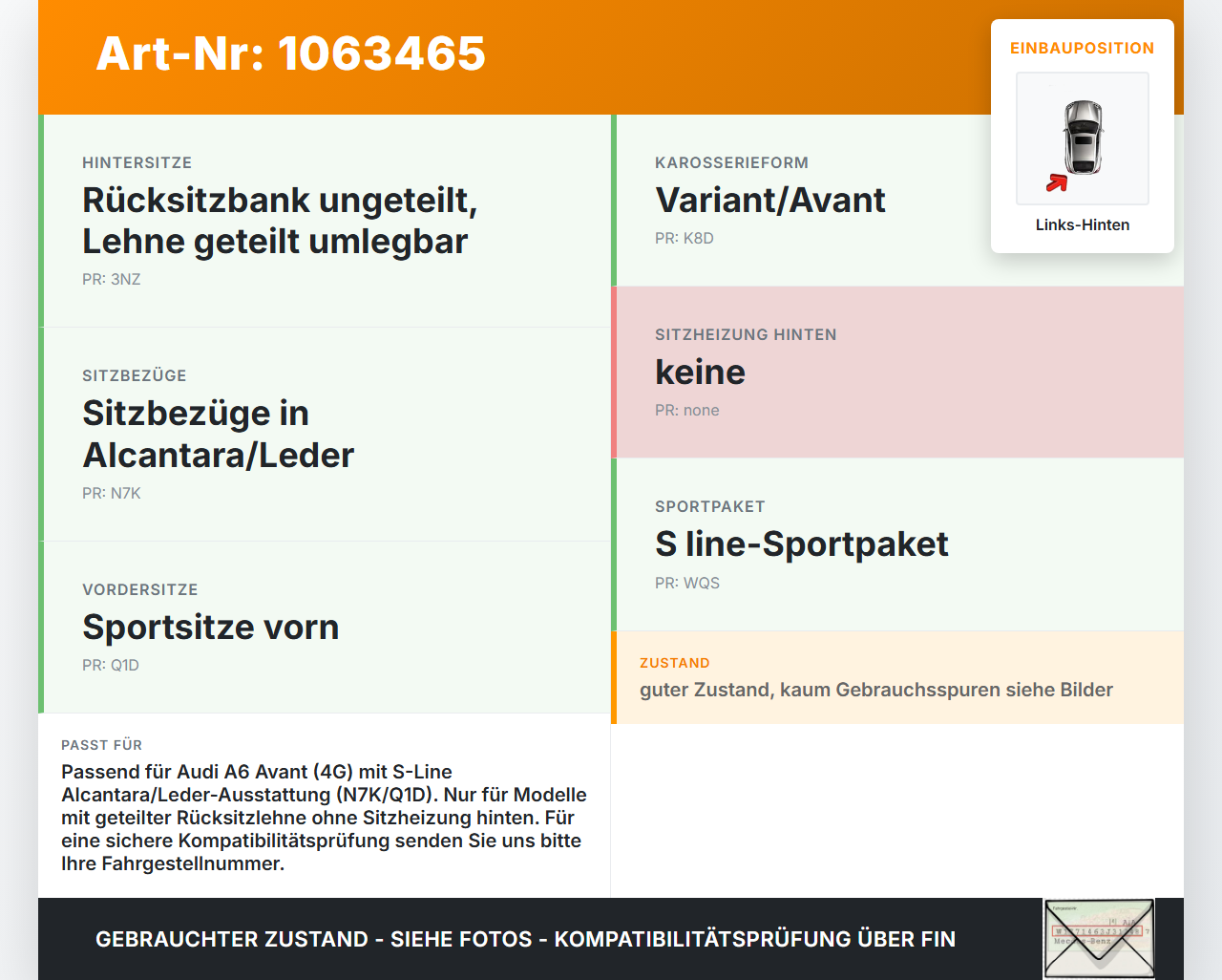 Audi A6 4G C7 11-14 qu Kombi Sitzbezug Rückenpolster Links für Rücksitzbank Hinten Audi A6 4G C7 11-14 qu... Vorschau 3