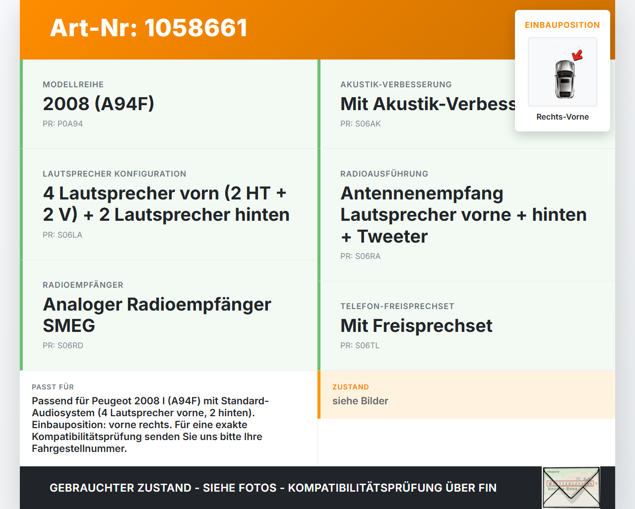 Peugeot 2008 I 13-19 Lautsprecher Rechts Vorne Peugeot 2008 I 13-19 01.12.2016 9809320180-00 28016-94830A... Vorschau 3