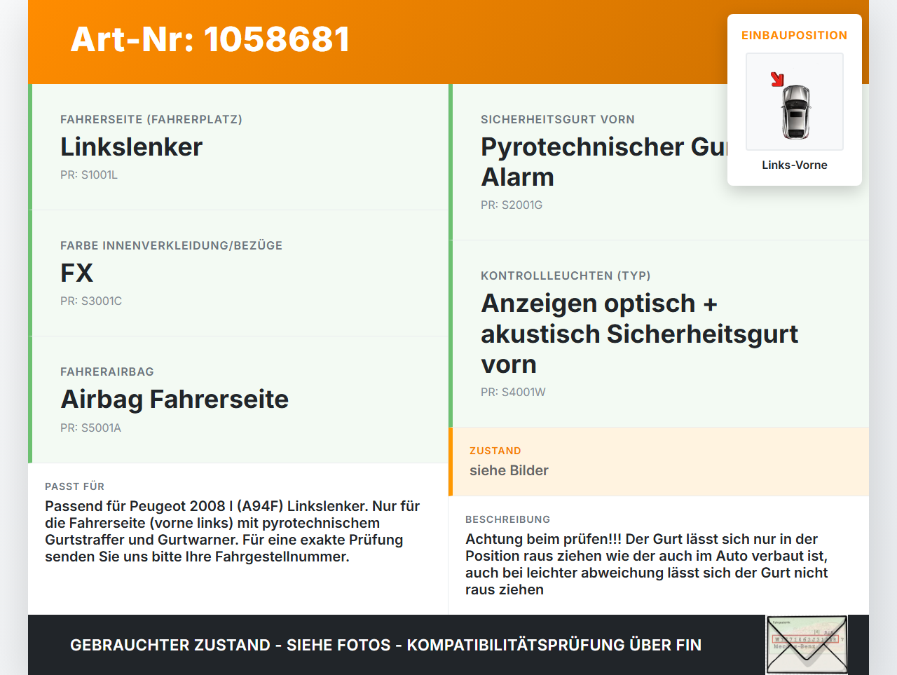Peugeot 2008 I 13-19 Gurt Sicherheitsgurt m. Gurtstraffer für Fahrer Links Vorne Peugeot 2008 I 13-19 01.12.2016... Vorschau 3
