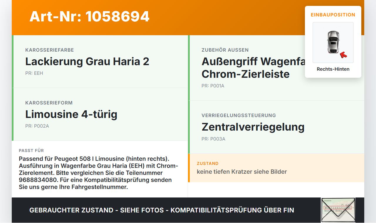 Peugeot 508 I 8D 10-14 Lim Türgriff Griff aussen Rechts Hinten EEH Peugeot 508 I 8D 10-14 20.11.2012 9688834080... Vorschau 3