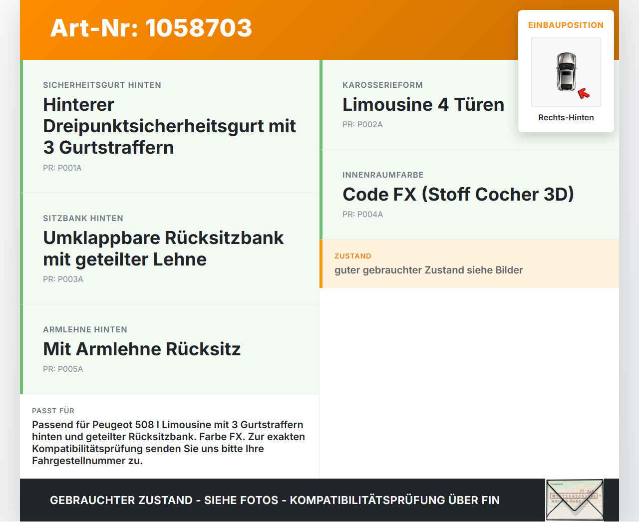 Peugeot 508 I 8D 10-14 Lim Gurtschloss Rechts Hinten Peugeot 508 I 8D 10-14 20.11.2012 69012AFU gebraucht Vorschau 3