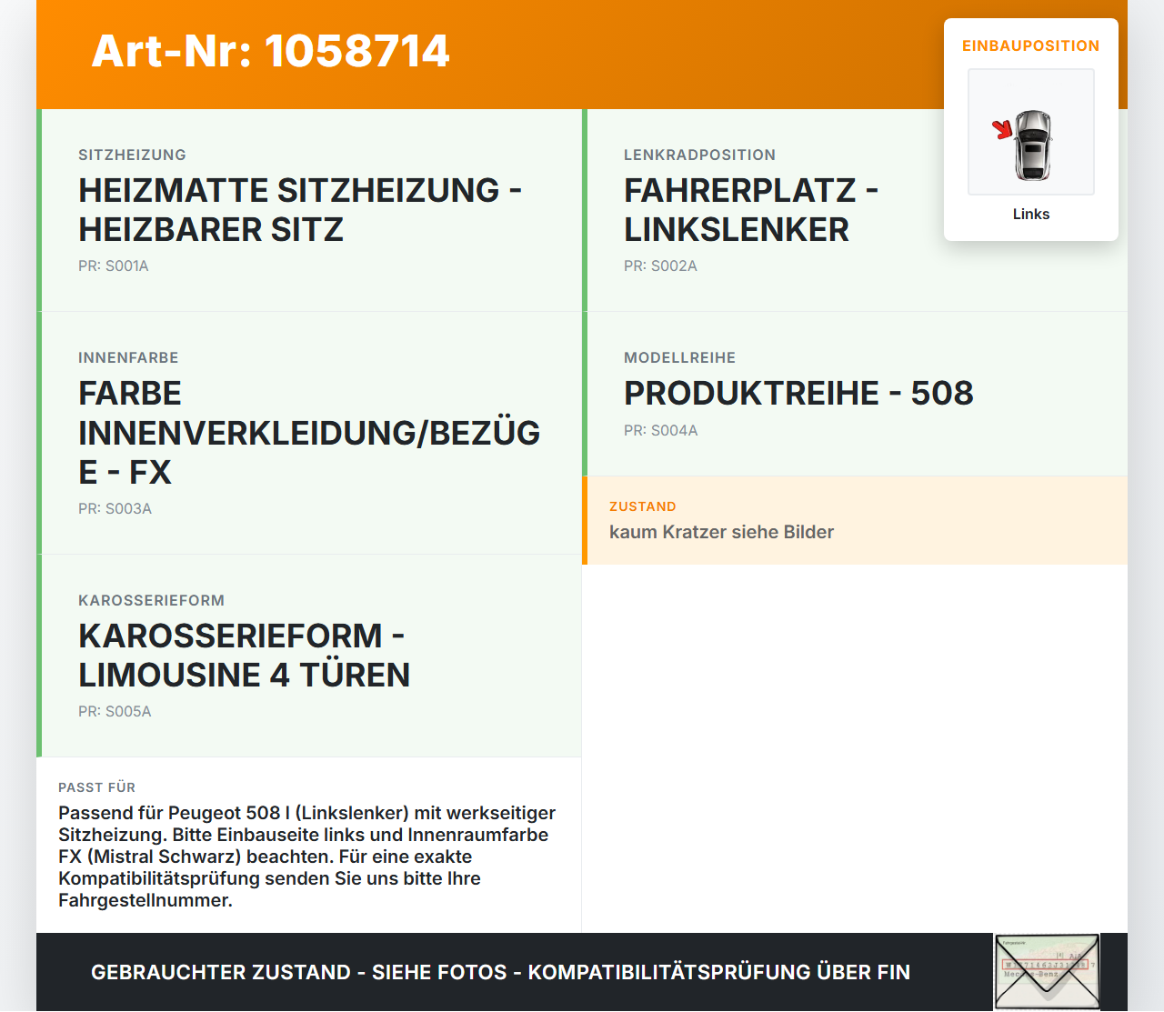 Peugeot 508 I 8D 10-14 Sitzheizung Schalter Regler Links Peugeot 508 I 8D 10-14 20.11.2012 98019840ZD 10096139 gebraucht Vorschau 3