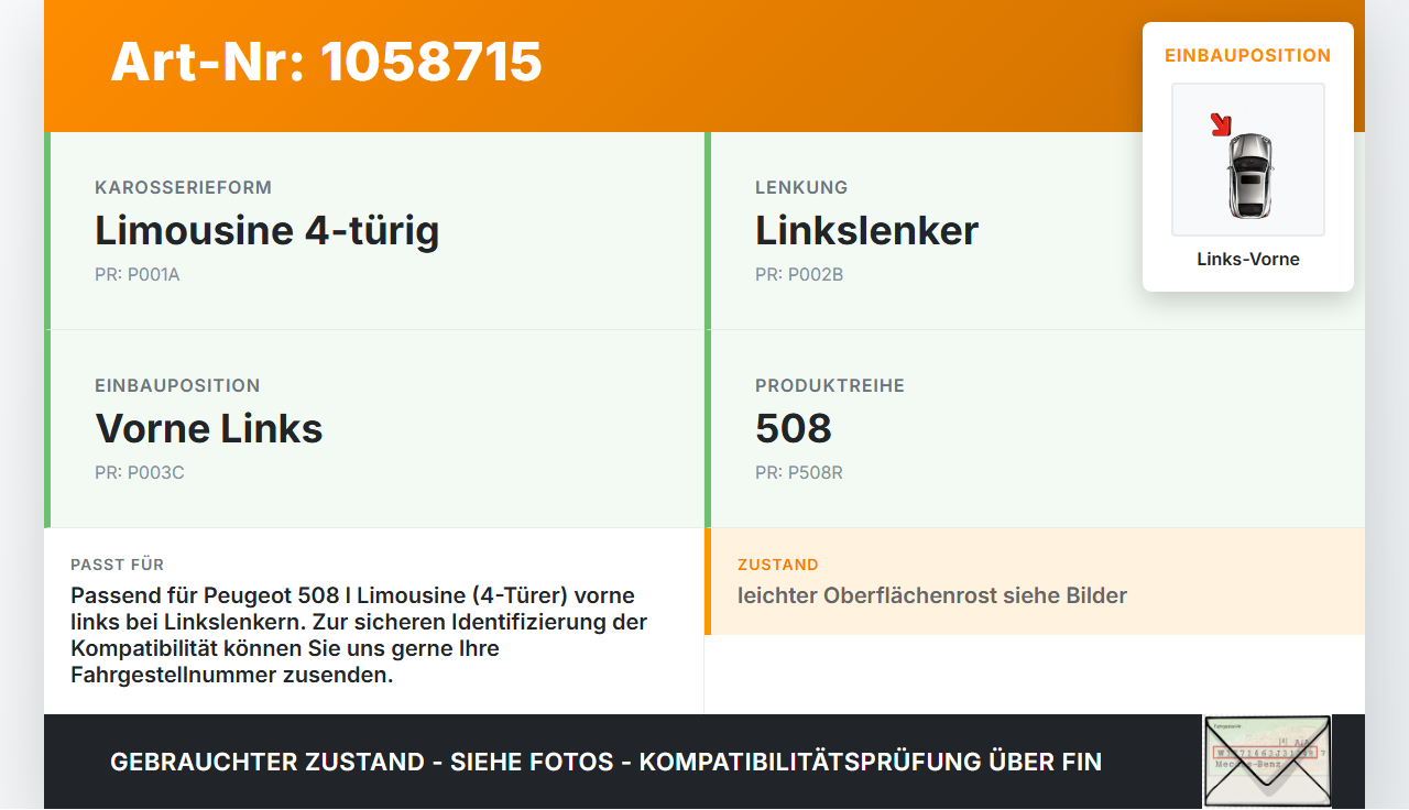 Peugeot 508 I 8D 10-14 Lim Türfangband Türbremse Türanschlag Links Vorne Peugeot 508 I 8D 10-14 20.11.2012 gebraucht Vorschau 3