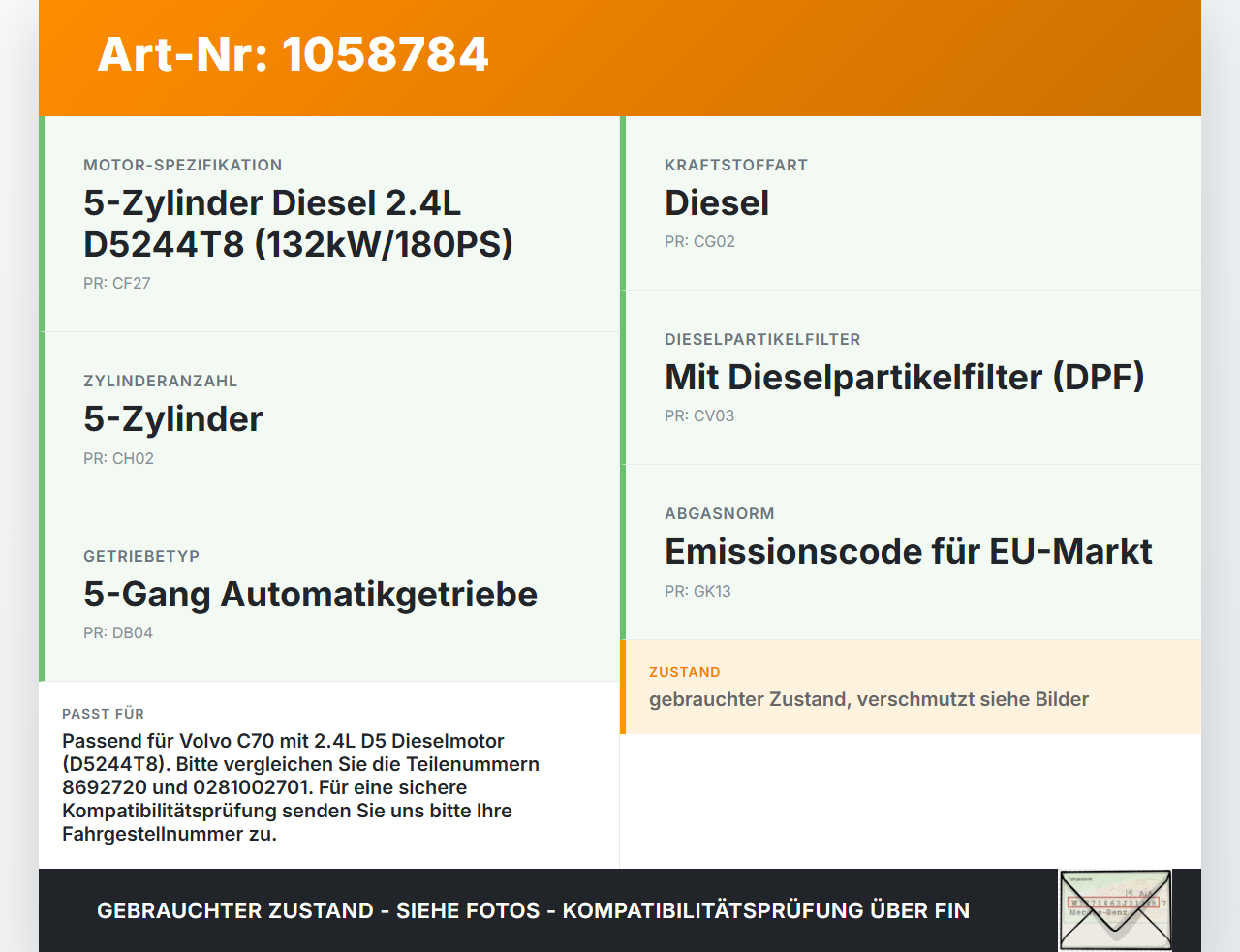 Volvo C70 542 06-09 2,4 132KW D5244T8 Drosselklappe Volvo C70 542 06-09 01.06.2007 8692720 0281002701 gebraucht Vorschau 3