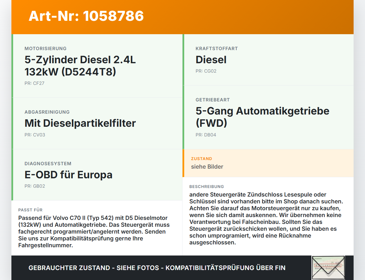 Volvo C70 542 06-09 2,4 132KW Motor Steuergerät ECU Motorsteuergerät Volvo C70 542 06-09 01.06.2007 30771550AB... Vorschau 3