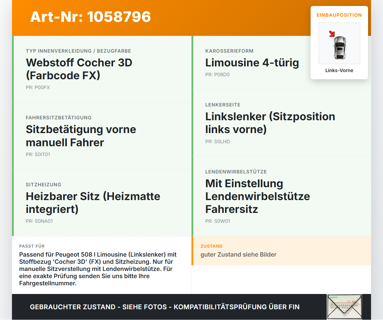 Peugeot 508 I 8D 10-14 Lim Sitzpolster für Fahrersitz Sitz Links Vorne Peugeot 508 I 8D 10-14 20.11.2012 4582940... Vorschau 3