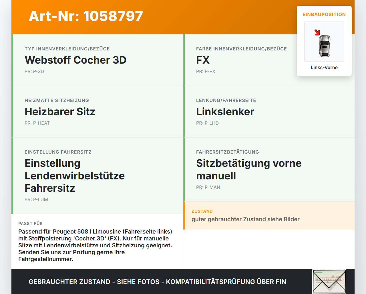 Peugeot 508 I 8D 10-14 Lim Sitzbezug Rückenpolster Links Vorne für Fahrer Sitz Peugeot 508 I 8D 10-14 20.11.2012... Vorschau 3