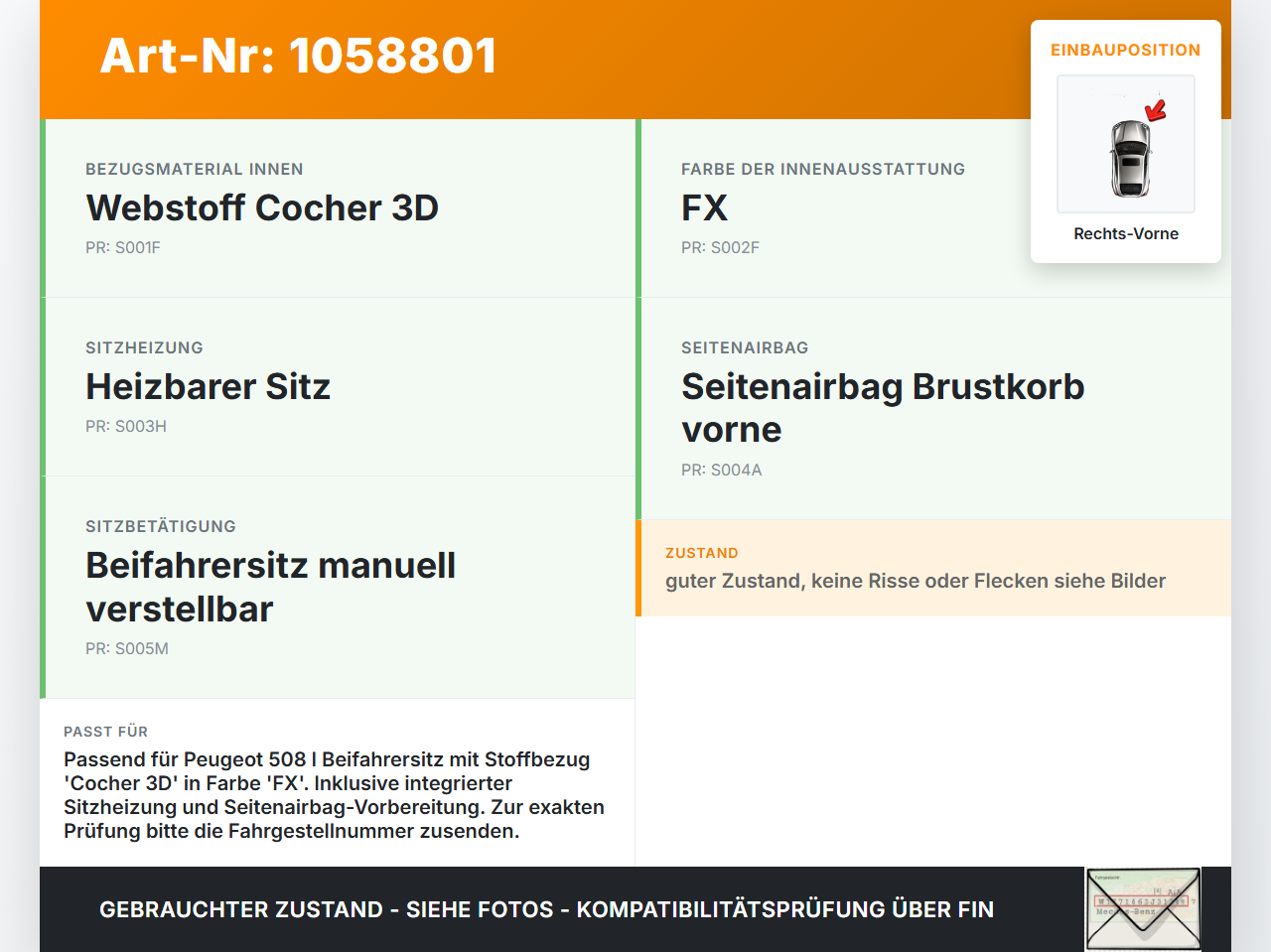 Peugeot 508 I 8D 10-14 Lim Sitzbezug Rückenpolster Rechts Vorne für Beifahrer Sitz Peugeot 508 I 8D 10-14... Vorschau 3